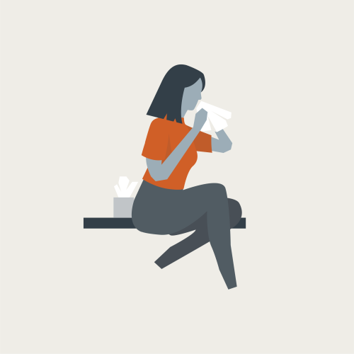 Illustration of a girl sneezing into a tissue