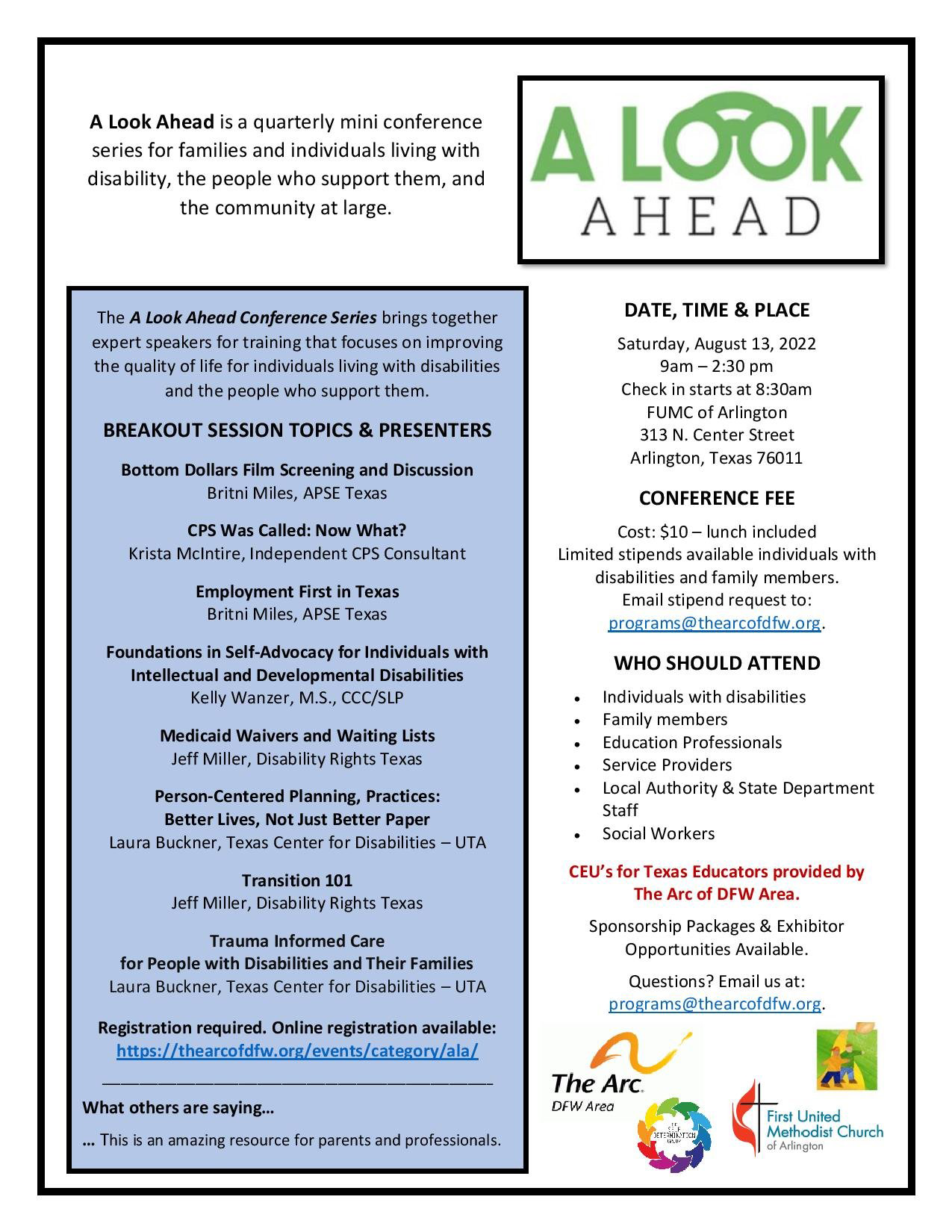 A Look Ahead Flyer: Held August 13, 2022 at 9:00AM; to register, visit: https://thearcofdfw.org/event/ala-aug-2022/