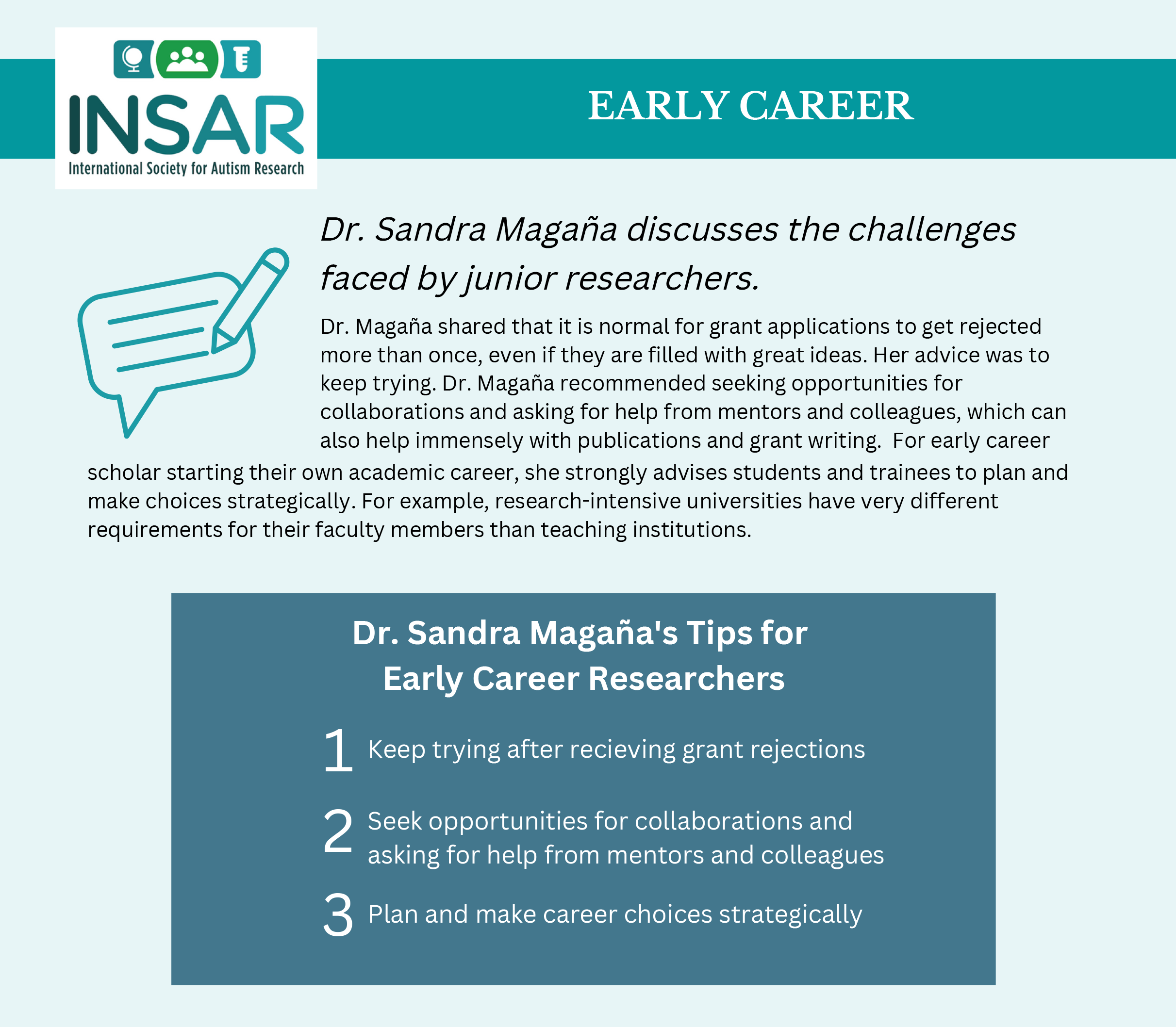 Image of Dr. Sandra Magaña's Trips for Early Career Researchers; Please see Plain Text on page below.