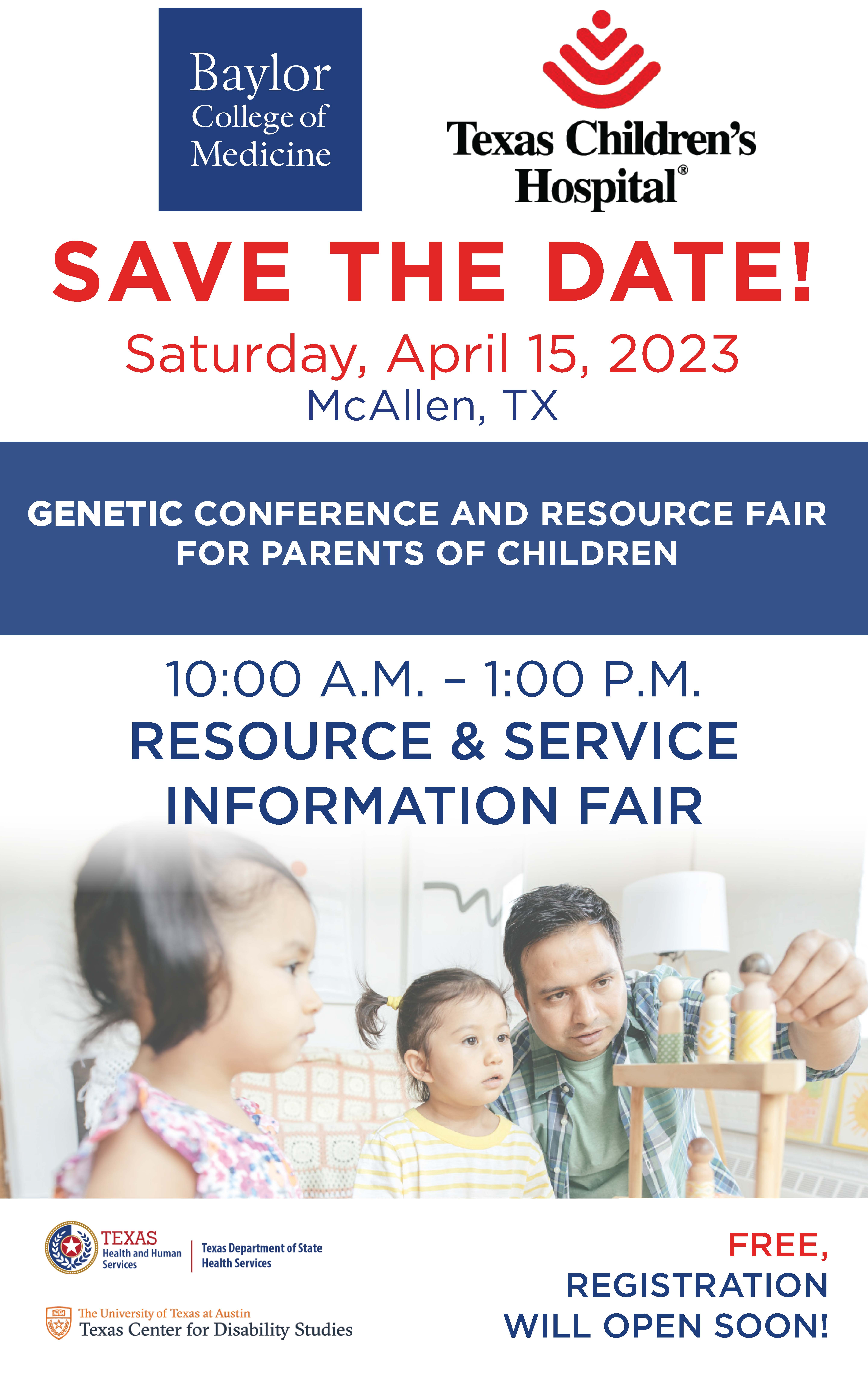 Genetics Conference and Resource Fair Flyer to be held on Saturday, April 15, 2023, in McAllen, TX.