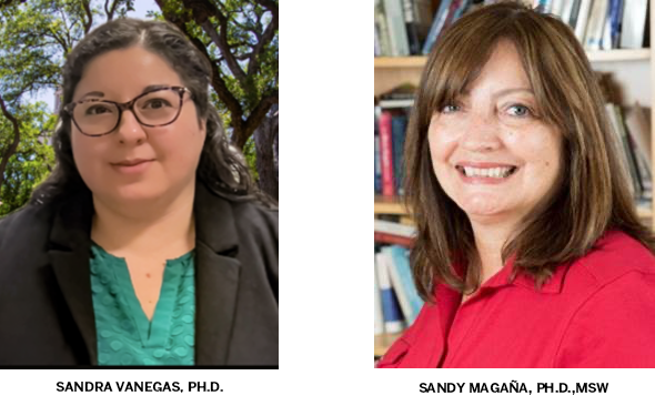 Image of Sandra Vanegas and Sandy Magaña; Sandra has short curly hair and glasses; she wears a black blazer and a green blouse. Sandy has short brown hair and wears a red blouse.