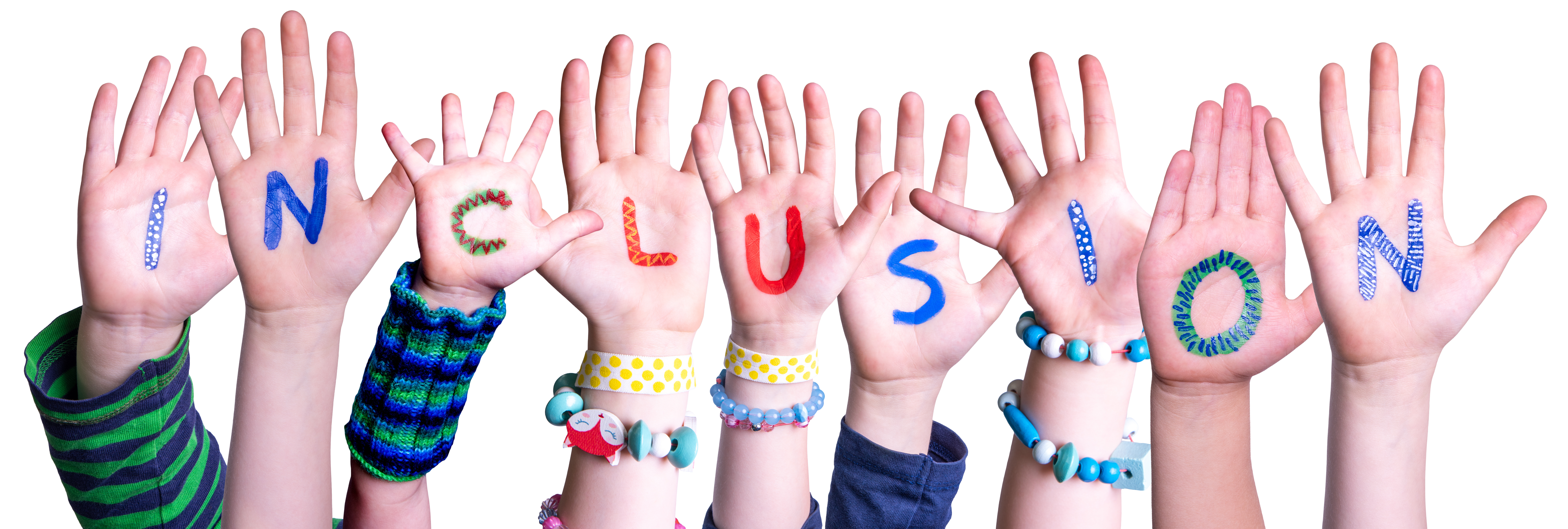 Image of a group of children's hands spelling out the word "Inclusion"