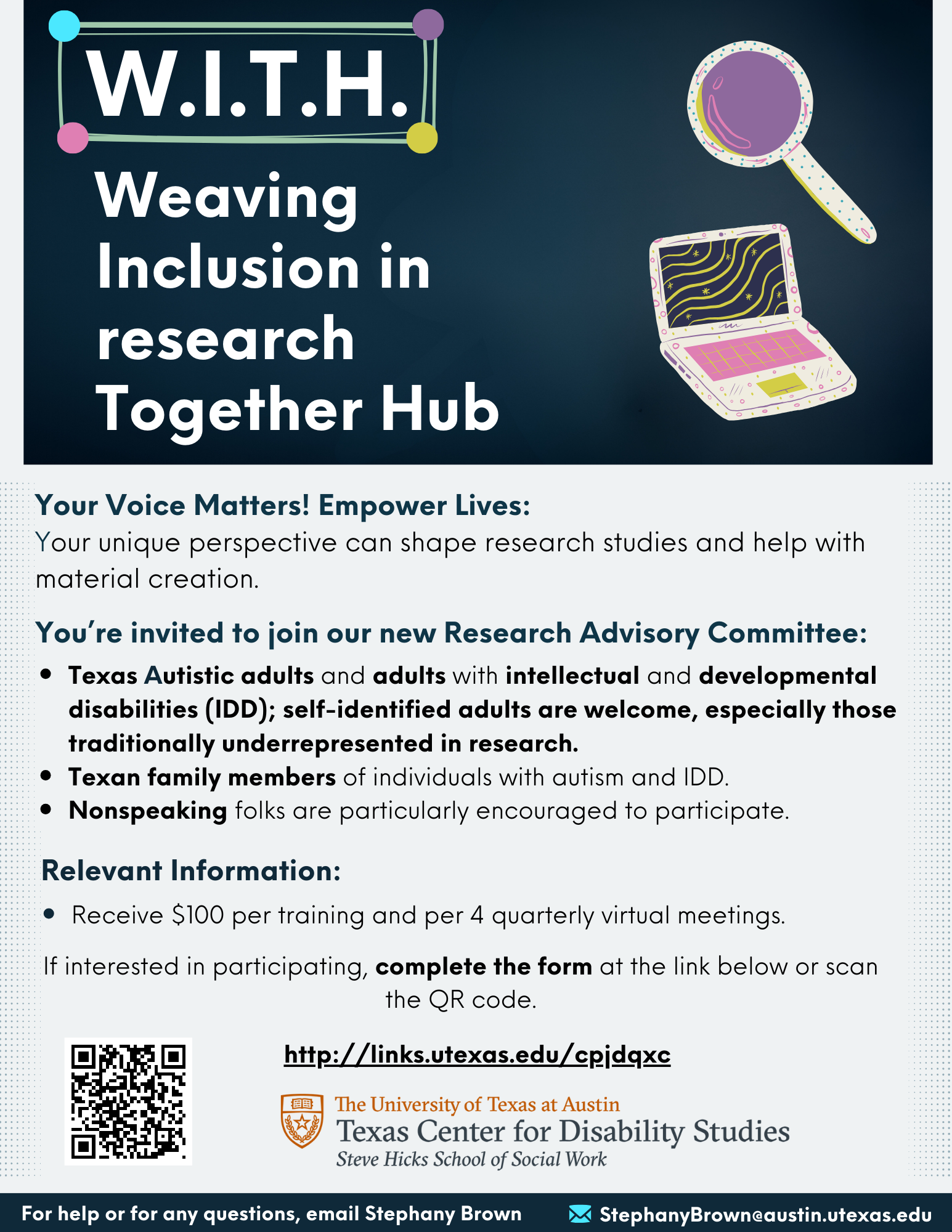 Flyer for WITH research advisory committee. 