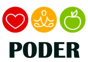 Poder Logo: Poder is in black, bold letters; above are a red circle with a heart outlined in white, a yellow circle with the outline of a person in seated mediation, and a green circle with the outline of an apple in white.