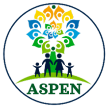 ASPEN Logo: ASPEN in hunter green; the outline of a four member family stand in front of a large, multi-color tree. The logo is surrounded by a black circle.