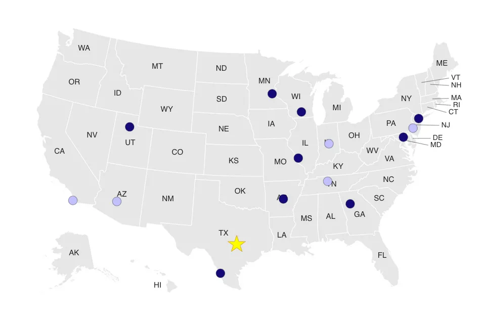 A grey map of the Unites States. There is a yellow star over Austin, TX.