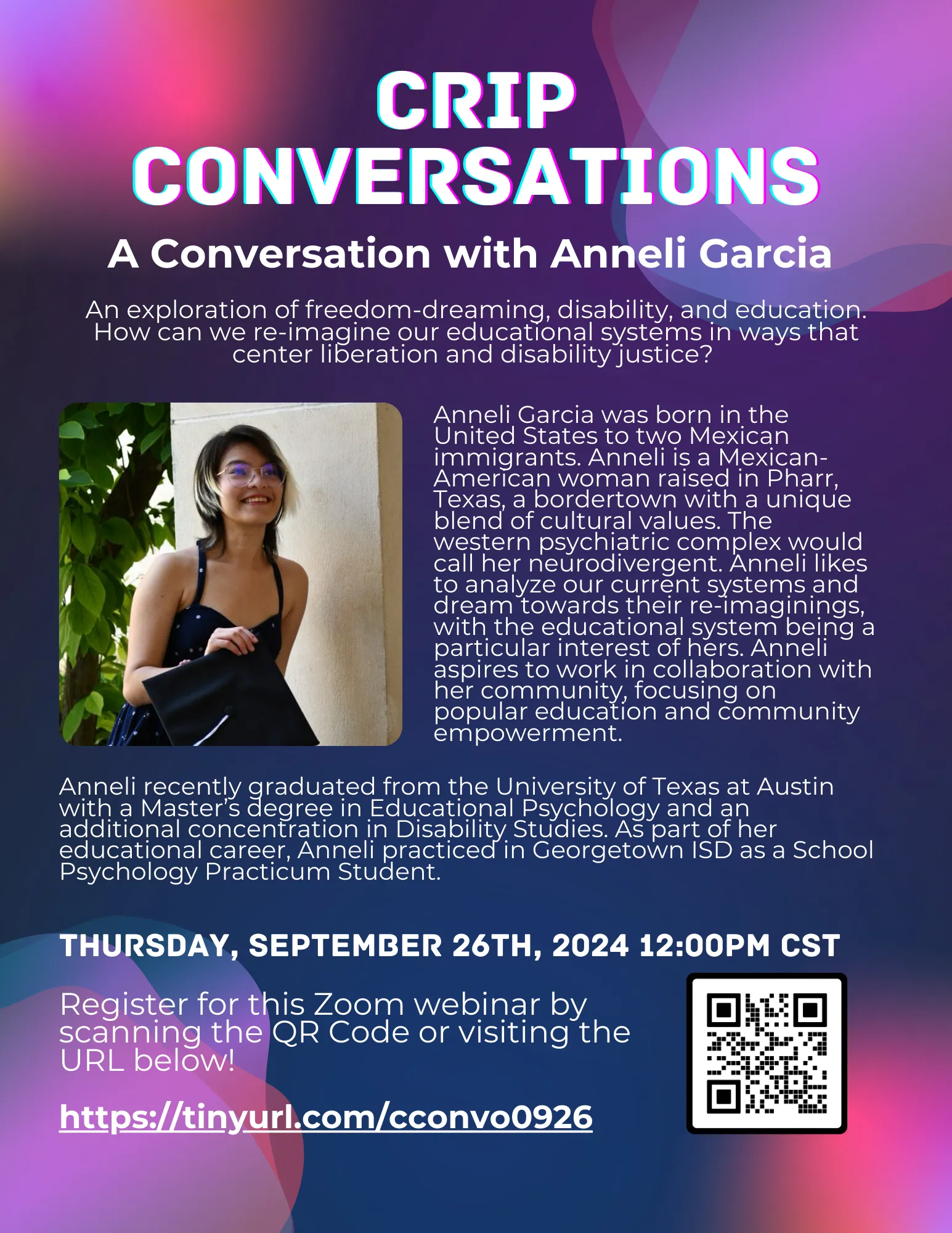 Flyer for Crip Conversations event: A Conversation with Anneli Garcia