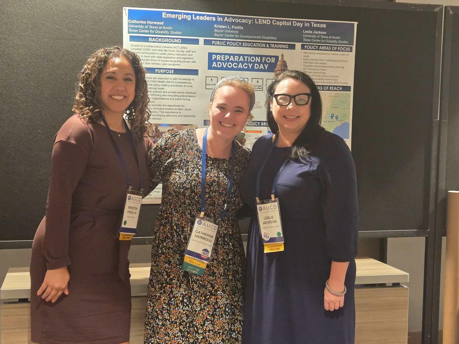 Presenters for Emerging Leaders in Advocacy: LEND Capitol Day in Texas poster. Left to right is Kristen Padilla, Catherine Harwood, and Leslie Jackson.