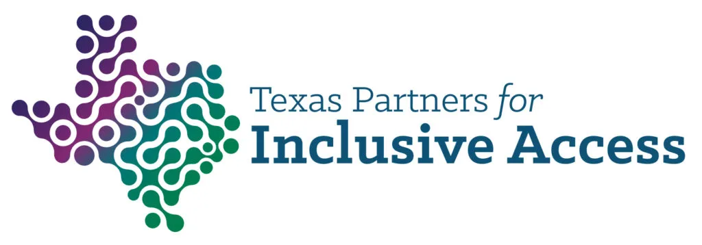 Texas Partners for Inclusive Access logo - Texas in a connective green and purple mesh