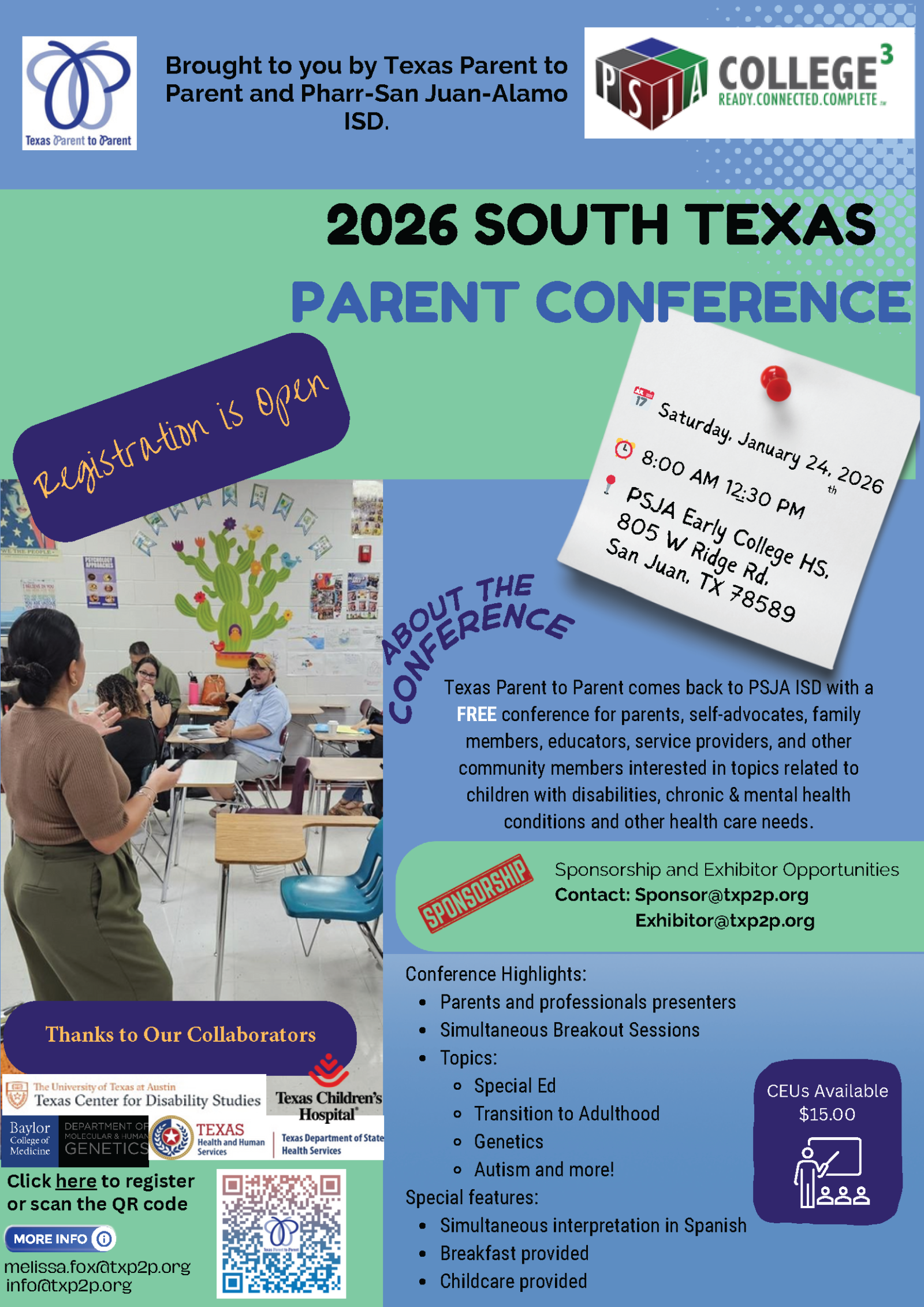 Flyer for the 2026 South Texas Parent Conference, which will be held in San Juan, Texas, on January 24th, 2026.