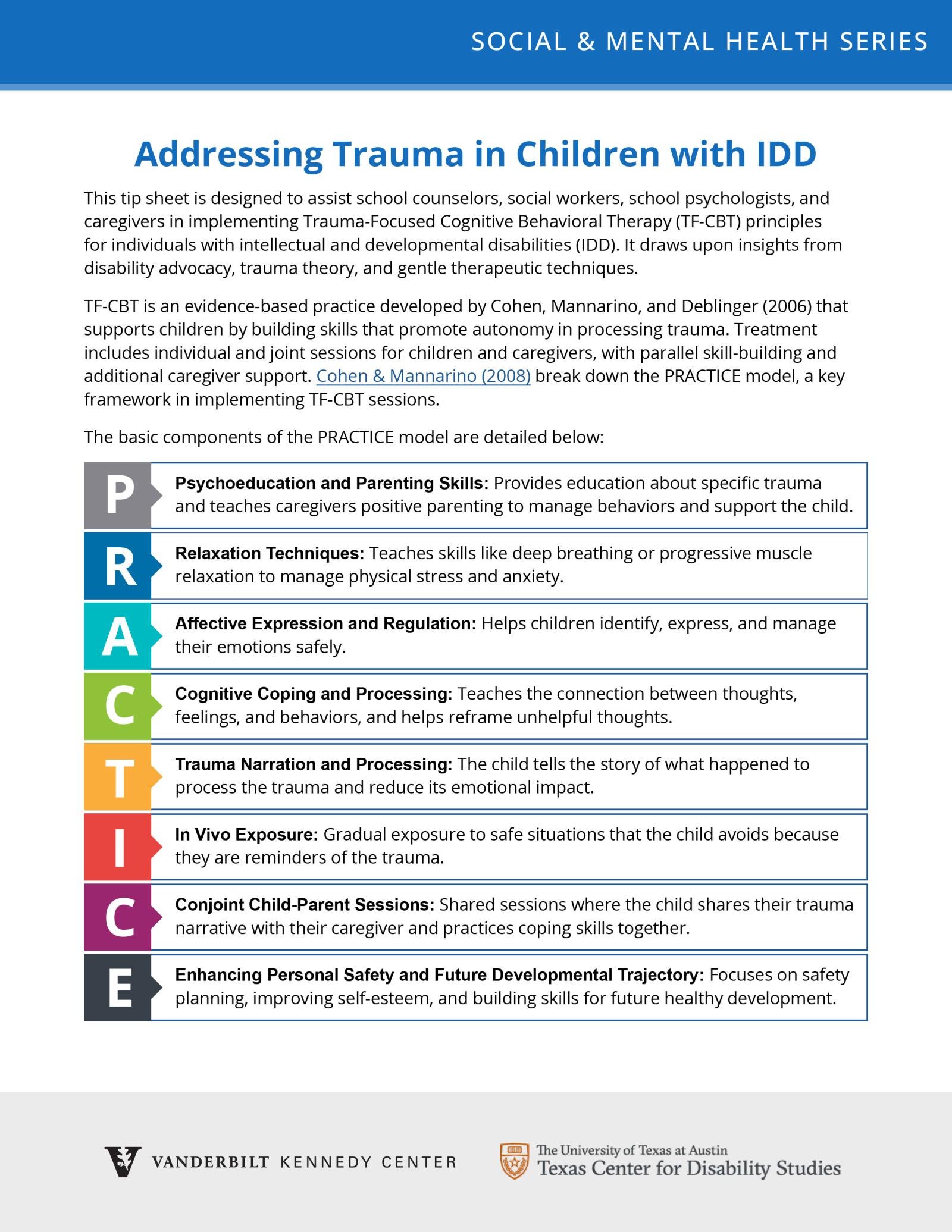 Social & Mental Health Series tip sheet titled 'Addressing Trauma in Children with IDD' from TCDS and Vanderbilt Kennedy Center.