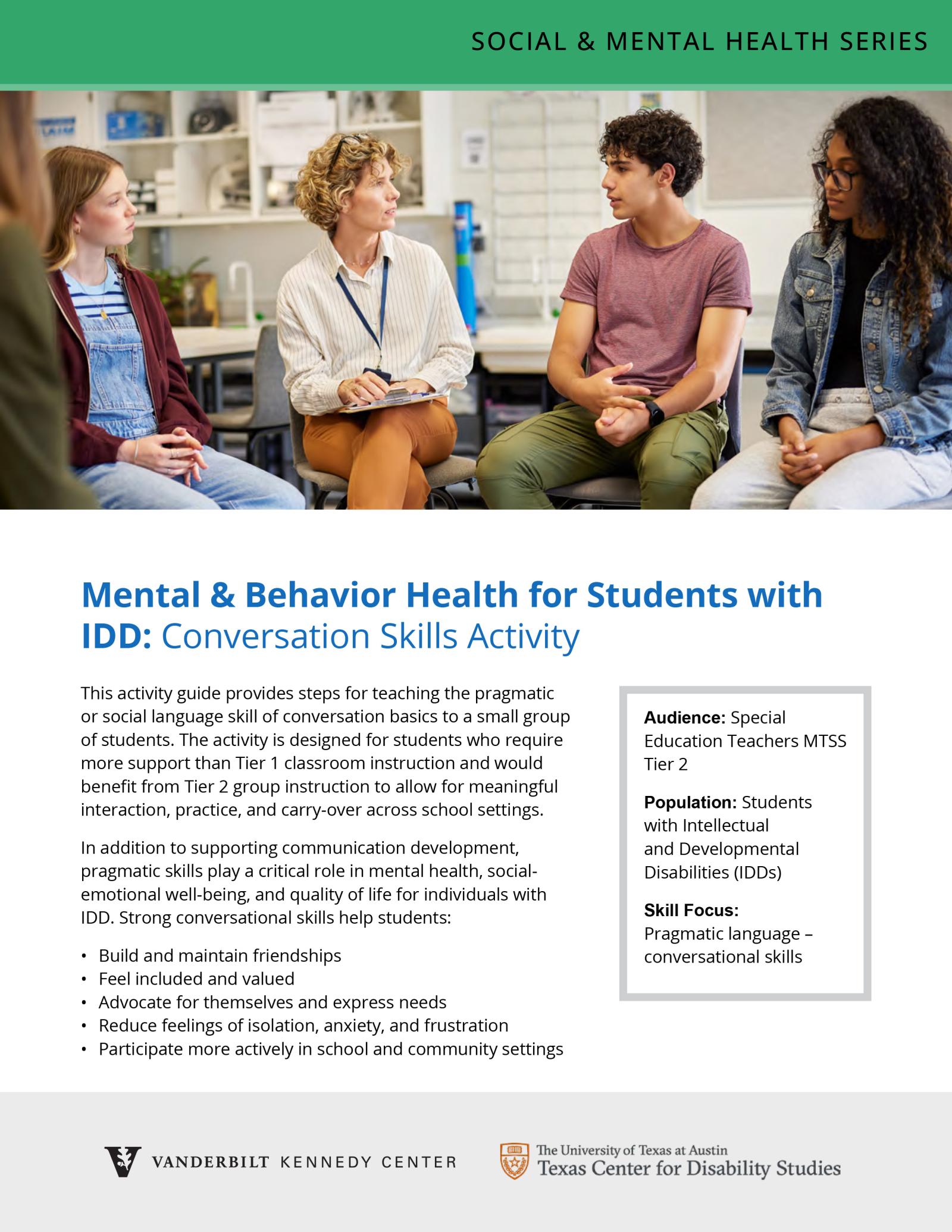 Social & Mental Health Series page titled 'Mental & Behavior Health for Students with IDD: Conversation Skills Activity,' from TCDS and Vanderbilt Kennedy Center. Photo of a teacher leading a small group discussion with four students in a classroom.