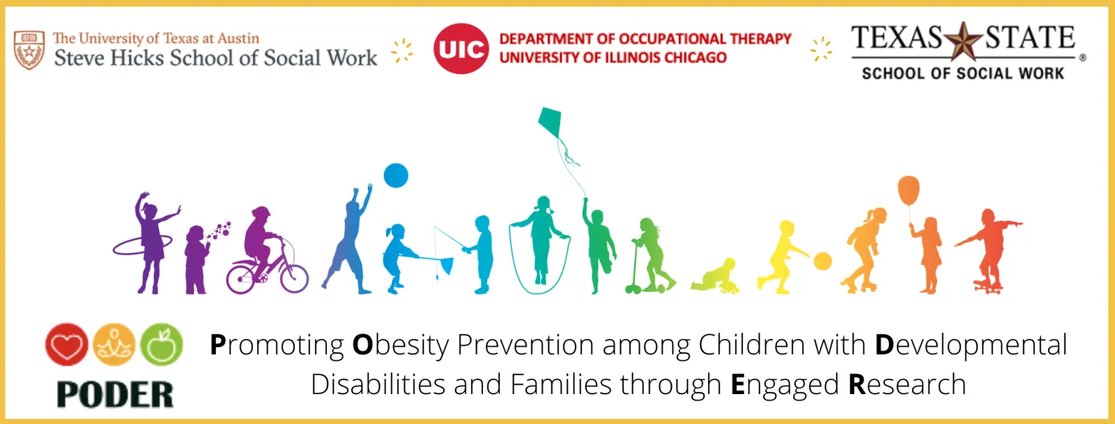 rainbow silhouettes of kids varying abilities playing in the header. Promoting Obesity Prevention among Children with Developmental Disabilities and Families Through Engaged Research headline underneath the drawings.