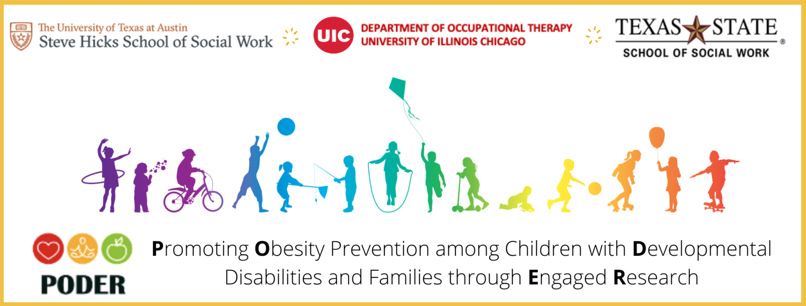 rainbow silhouettes of kids varying abilities playing in the header. Promoting Obesity Prevention among Children with Developmental Disabilities and Families Through Engaged Research headline underneath the drawings. 