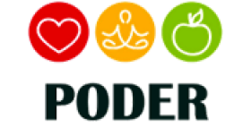 Poder Logo: Poder is in black, bold letters; above are a red circle with a heart outlined in white, a yellow circle with the outline of a person in seated mediation, and a green circle with the outline of an apple in white.