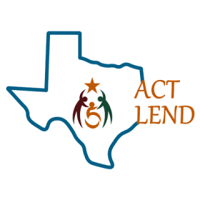ACT LEND Logo: Blue outline of Texas with maroon and hunter green human figures reaching for a burnt orange star and holding hands a burnt orange figure in wheelchair; ACT LEND text right justified on logo 