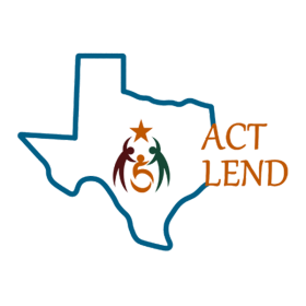 The ACT LEND logo is a blue outline of the state of Texas. Within it are three stick figures (two standing, one in a wheelchair) holding up an orange star. To the right of the logo is "ACT LEND" in burnt orange. 