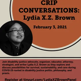 Flyer for Lydia X.Z. Event with cream background, a large orange circle with the headline inside, Lydia's headshot in a circle next to it and a dark pink text box with information regarding the session.