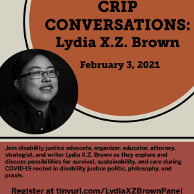 Flyer for Lydia X.Z. Event with cream background, a large orange circle with the headline inside, Lydia's headshot in a circle next to it and a dark pink text box with information regarding the session.