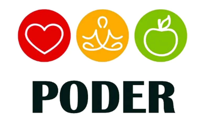 PODER logo. Above the name "PODER" in black are three circles with the outline of a heart, a meditating person and an apple.