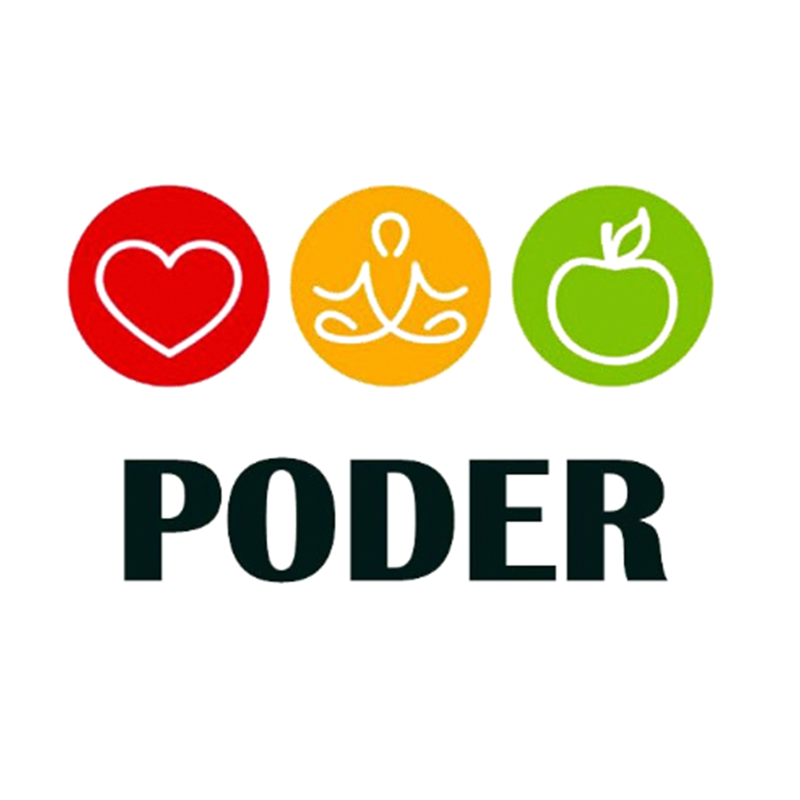 PODER logo. Above the name "PODER" in black are three circles with the outline of a heart, a meditating person and an apple.